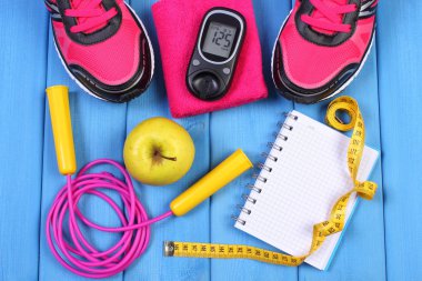 Şeker Ölçüm, spor ayakkabı, taze elma ve aksesuarlar, fitness mavi kurullarında kopyalama için metin alanı