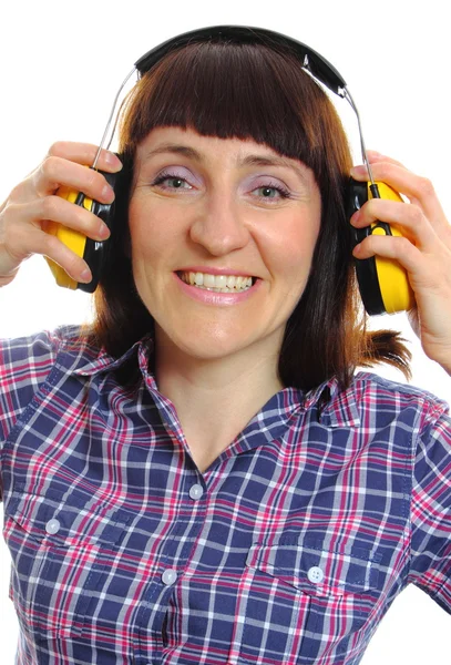 Builder woman wearing protective headphones — Stock Photo, Image