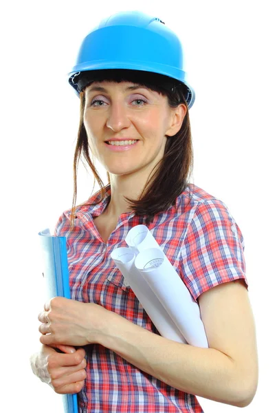 Builder woman in protective helmet with documents — Stock Photo, Image