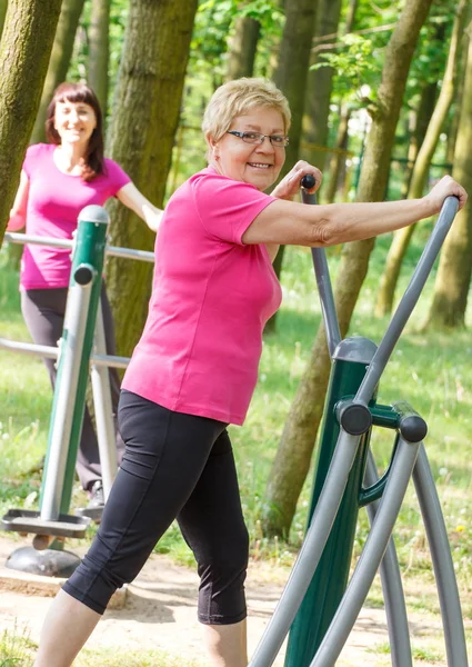 Senior et jeune femme exerçant le haut et le bas du corps sur la salle de gym extérieure, mode de vie sain — Photo