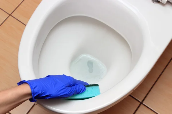 Hand of woman in blue glove cleaning toilet bowl — Stock Photo, Image