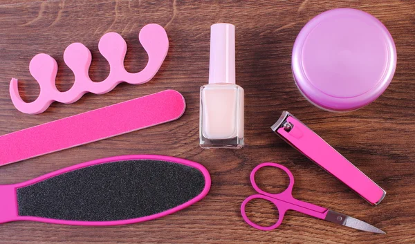 Cosmetics and accessories for manicure or pedicure, concept of foot, hand and nail care