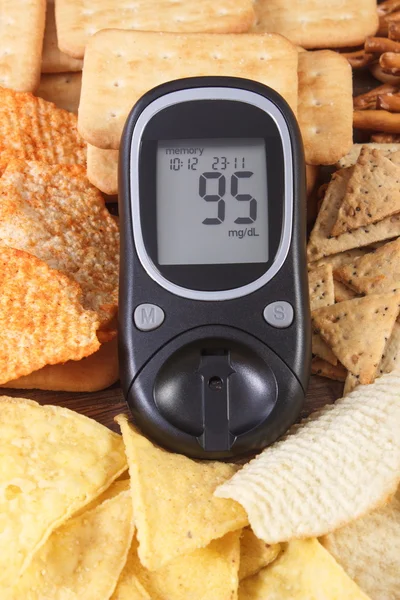 Glucosímetro y montón de alimentos poco saludables, concepto de diabetes — Foto de Stock