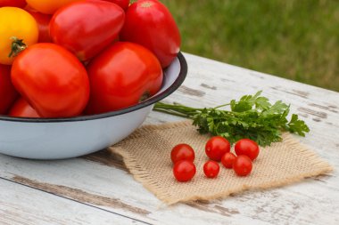 Güneşli Bahçe ahşap masa üzerinde yeşil maydanoz ile domates