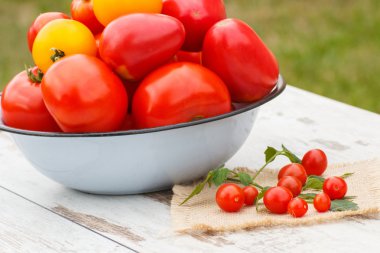 Güneşli Bahçe ahşap masa üzerinde yeşil yaprakları ile domates