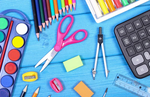 School accessories on blue boards, back to school concept — Stock Photo, Image