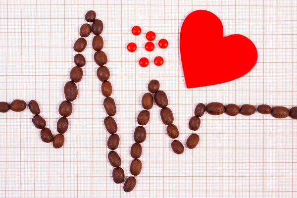 心電図行コーヒーの穀物、赤のハートとサプリメント錠剤、医学・医療の概念 — ストック写真
