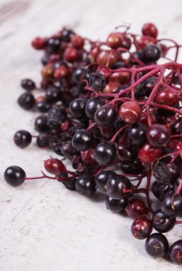 Eski ahşap zemin, sağlıklı gıda üzerine taze mürver demet