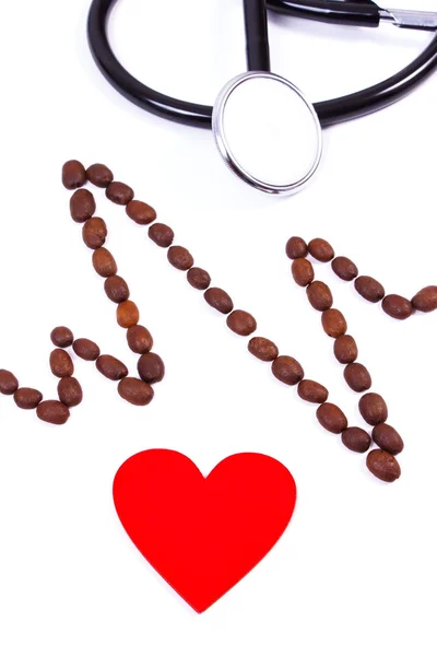 Cardiogram line of coffee grains, red heart and stethoscope, medicine and healthcare concept — Stock Photo, Image