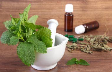 Kurutulmuş ve taze Melisa harç ve tıbbi kapsül, hap ve alternatif tıp arasında seçim