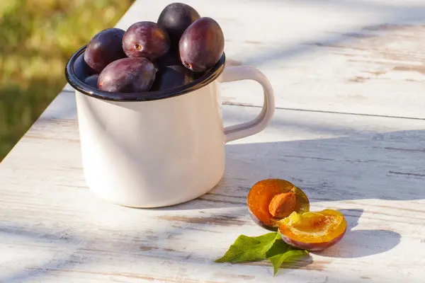 Heap of plums in metallic mug on wooden table in garden on sunny day — Stockfoto