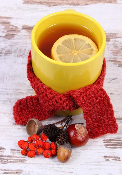 Cup of hot tea with lemon wrapped woolen scarf, warming beverage for flu, autumn decoration — Stock Photo, Image