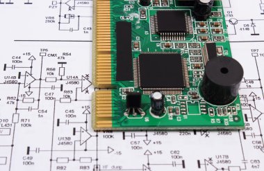 Baskılı devre kartı elektronik, teknoloji diyagram üzerinde yalan 