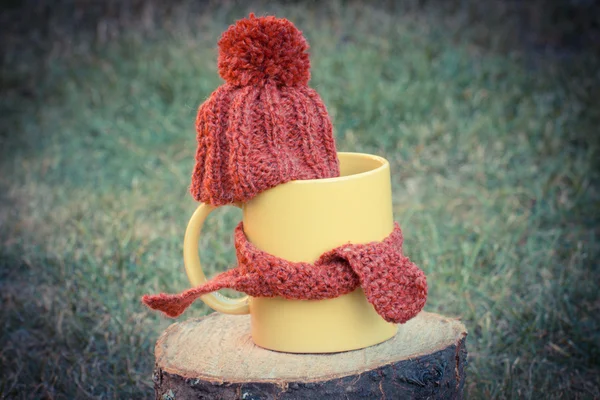 Вінтажні фото, чашка напою з вовняною шапочкою, загорнутий шарф на дерев'яному пнісі — стокове фото