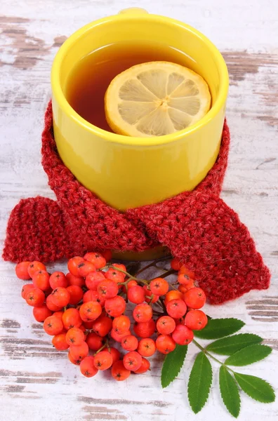 Tasse de thé avec écharpe en laine enveloppée de citron, boisson chauffante pour la grippe, décoration d'automne — Photo