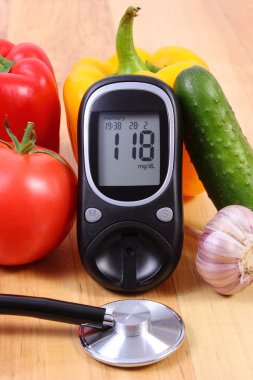 Sebze, glikoz metre ve ahşap yüzey, sağlıklı bir yaşam tarzı, beslenme, diyabet stetoskop