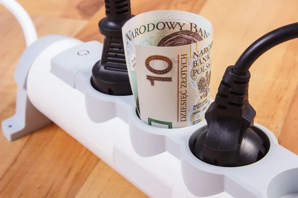 Extensão de energia elétrica com plug conectado e dinheiro moeda polonês, custos de energia — Fotografia de Stock