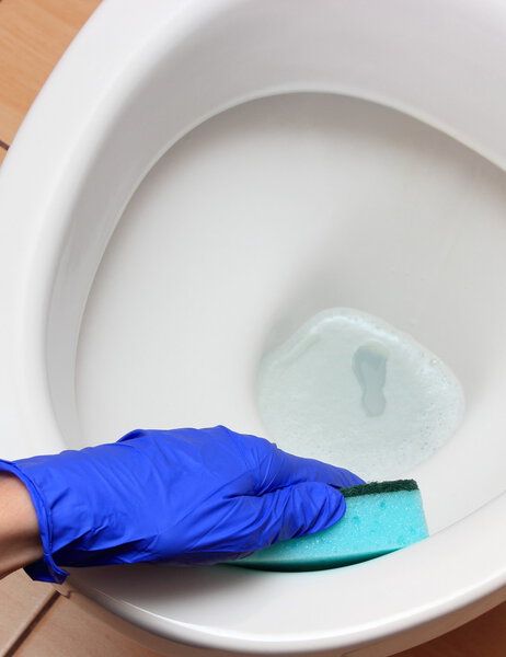 Hand of woman in blue glove cleaning toilet bowl