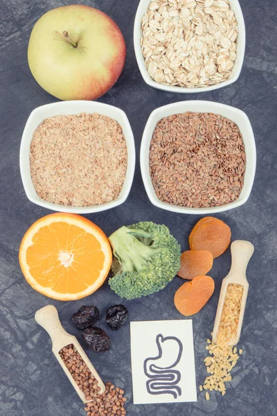 Products and ingredients as source natural vitamins and dietary fiber. Best nutritious food for problems with digestive system — Stock Image Products Ingredients Source Natural Vitamins Dietary Fiber Best Nutritious Food Royalty Free Stock Photos