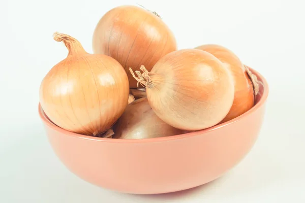 Vintage Photo Heap Onions Lying Glass Bowl White Background Concept — Stock Photo, Image