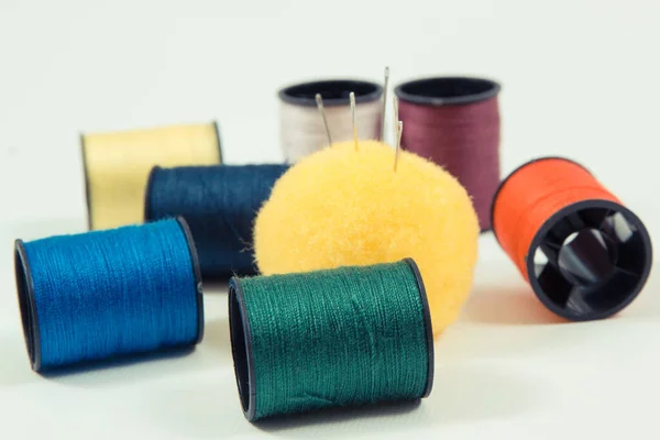 Spools Colorful Thread Needle Using Needlework Embroidery Sewing — Stock Photo, Image