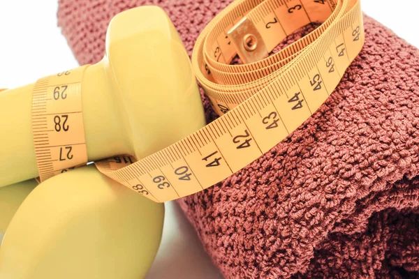 Green Dumbbells Purple Fluffy Towel Using Fitness Tape Measure Slimming — Stock Photo, Image