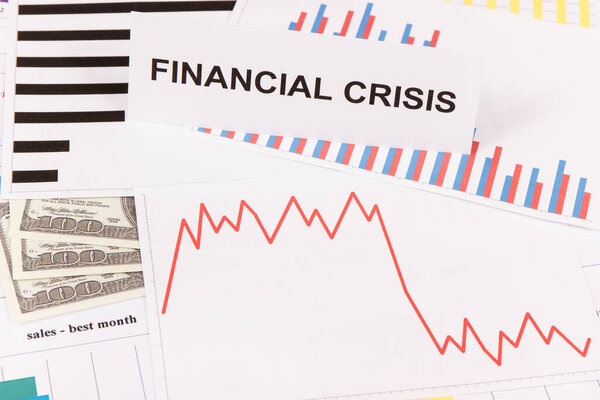Currencies dollar and downward graphs representing financial crisis caused by coronavirus. Risk of global recession around world. Covid-19. 2019-nCoV