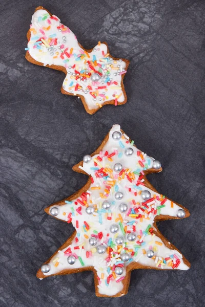 Fresh Baked Homemade Gingerbread Shape Christmas Tree Star Colorful Decorations — Stock Photo, Image