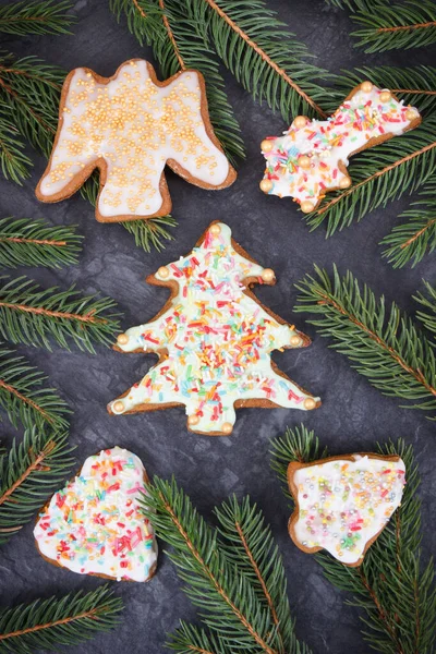 Fresh Baked Homemade Gingerbread Decorations Green Spruce Branches Christmas Time — Stock Photo, Image
