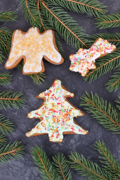 Fresh Baked Homemade Gingerbread Colorful Decorations Green Spruce Branches Christmas — Stock Photo, Image