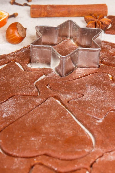 Cookie Cutters Shape Star Dough Baking Preparation Gingerbread Christmas Cookies — Stock Photo, Image