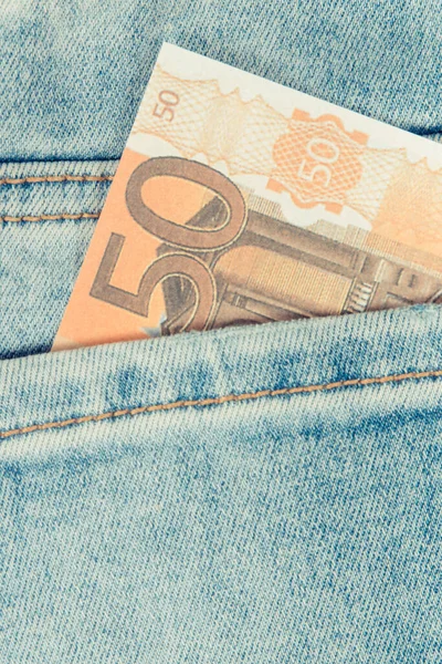 Moedas Euro Bolso Traseiro Jeans Azul Conceito Pagamento Dinheiro Para — Fotografia de Stock