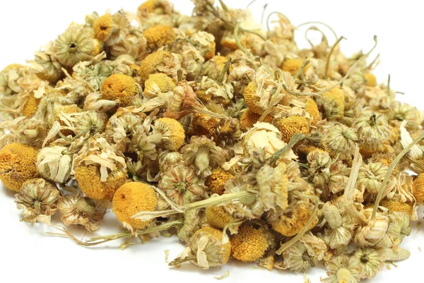 Heap Dried Chamomile Using Alternative Medicine White Background — Stock Photo, Image