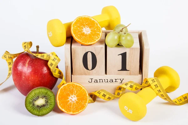 Januar Auf Würfelkalender Frisches Obst Hanteln Und Maßband Neujahrsvorsätze Für — Stockfoto