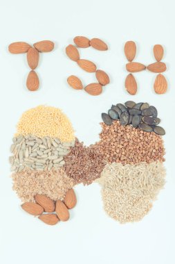 Yazıt TSH ve tiroid şeklinde besleyici doğal bileşenler. Sağlıklı yiyecekler, kaynak vitamin ve mineral olarak kullanılır. Tiroit kavramı ile ilgili sorunlar