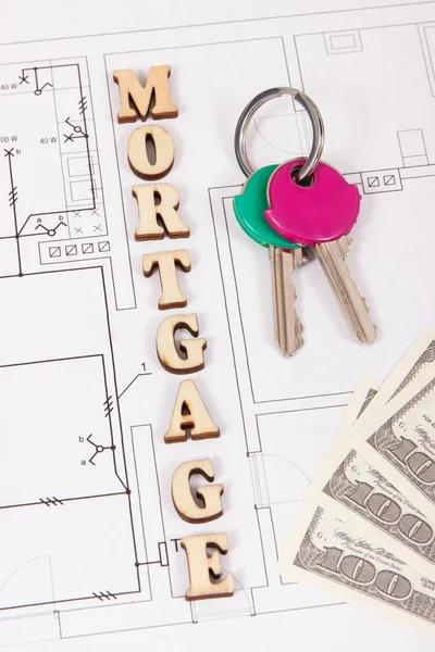 Home keys with money on electrical diagrams, mortgage loan for buying house concept