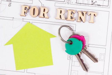 Kira, anahtarlar ve para birimleri için yazıtlar elektrik inşaat şemaları, konut kiralama konsepti veya konut konsepti