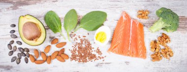 Omega 3 asit içeren taze besinler, doğal mineraller ve diyet lifleri, sağlıklı beslenme ve asit diyeti konsepti