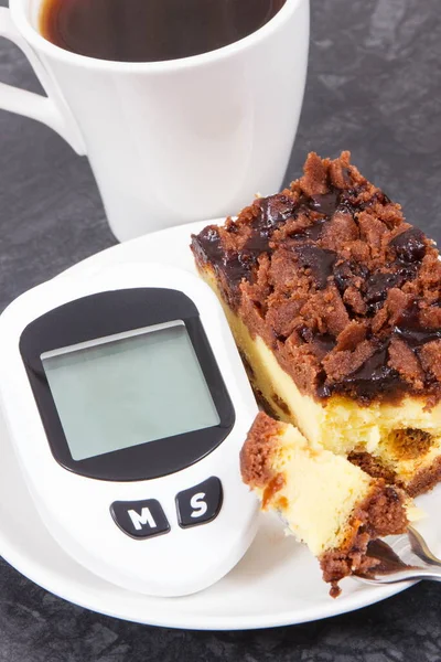 Glucometer for checking and measuring sugar level and fresh baked cheesecake with black coffee. Diabetes and dieting during diabetes