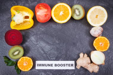 Yazılı bağışıklık güçlendirici ve içinde doğal vitaminler bulunan sebzeli taze olgun meyveler. Covid-19 zamanlarında bağışıklık güçlendirici. Yazı için yer