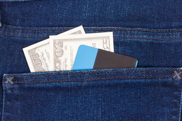 Argent Carte Crédit Poche Jeans Bleus Concept Financier Bancaire — Photo
