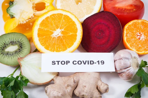 Inscriptie Stoppen Covid Vers Rijp Fruit Met Groenten Bron Natuurlijke — Stockfoto