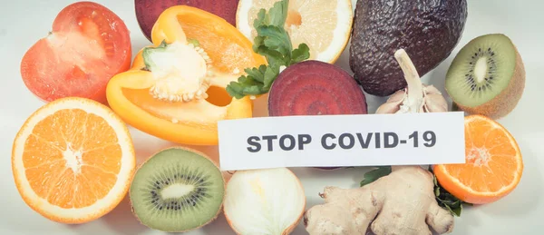 Yazıt Covid Taze Olgun Meyveleri Sebzelerle Durdurur Doğal Sağlıklı Vitaminler — Stok fotoğraf