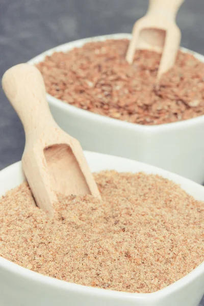 Leinsamen Weißen Glasschalen Gesunde Ernährung Mit Natürlichen Vitaminen Ballaststoffen Und — Stockfoto