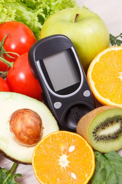 Medidor Glucosa Con Frutas Verduras Frescas Nutritivas Nutrición Saludable Control — Foto de Stock