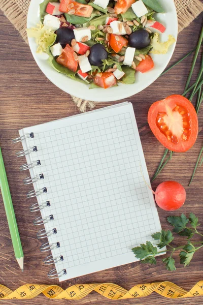 Fresh Prepared Greek Salad Feta Cheese Tape Measure Notepad Writing — Stock Photo, Image