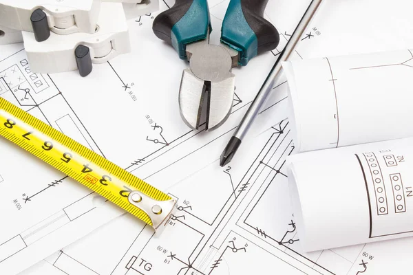 Werkzeuge Elektrische Sicherung Und Diagramme Des Wohnungsplans Mit Elektroinstallation Hausbau — Stockfoto