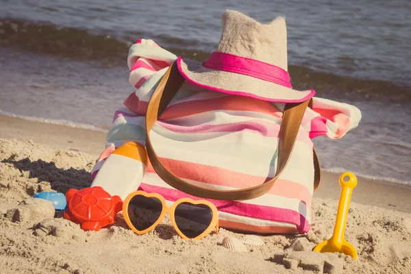 Accessories Relax Sunbathing Children Toys Playing Sand Beach Travel Vacation — Stock Photo, Image