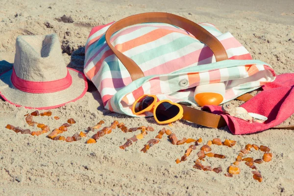 Inscription Summer Made Amber Stones Accessories Relax Sunbathing Sand Beach — Stock Photo, Image