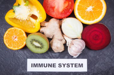 Taze meyve ve sebzeli yazıt bağışıklık sistemi. Doğal vitaminler, mineraller ve beslenme lifleri